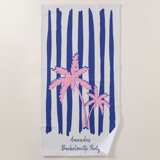 Pink Palm Pair auf Blue Stripes Junggeselinnen-Abs Strandtuch (Vorderseite)