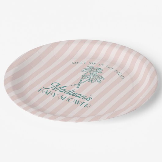 Pink Palm Spring Pastel Beach Baby Dusche Pappteller (Schrägansicht)