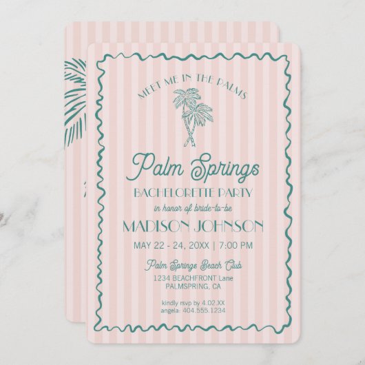 Pink Palm Springs Pastellstrand Junggeselinnen-Abs Einladung (Vorne/Hinten)