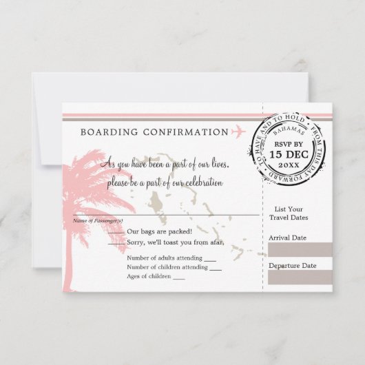 Pink Palm Tree Bahamas Boarding Pass Wedding RSVP (Vorderseite)
