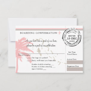 Pink Palm Tree Bahamas Boarding Pass Wedding RSVP Karte