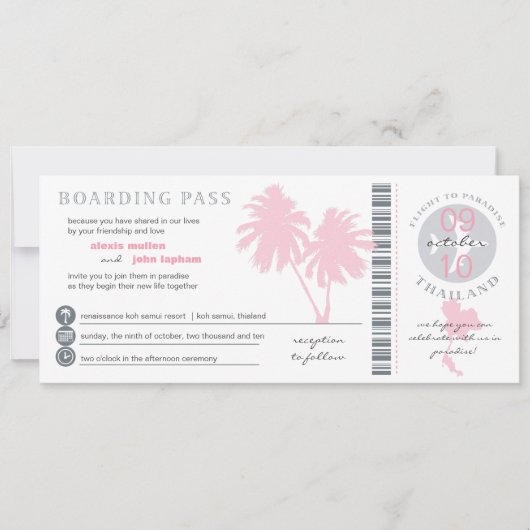 Pink Palm Tree Boarding Pass auf Thailand Hochzeit Einladung (Vorderseite)