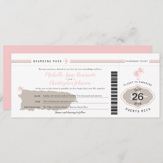 Pink Palm Tree Boarding Pass Puerto Rico Wedding Einladung (Vorne/Hinten)