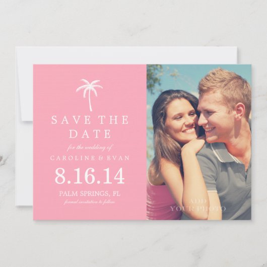 Pink Palm Tree Foto Hochzeit Speichern Sie das Dat Save The Date (Vorderseite)