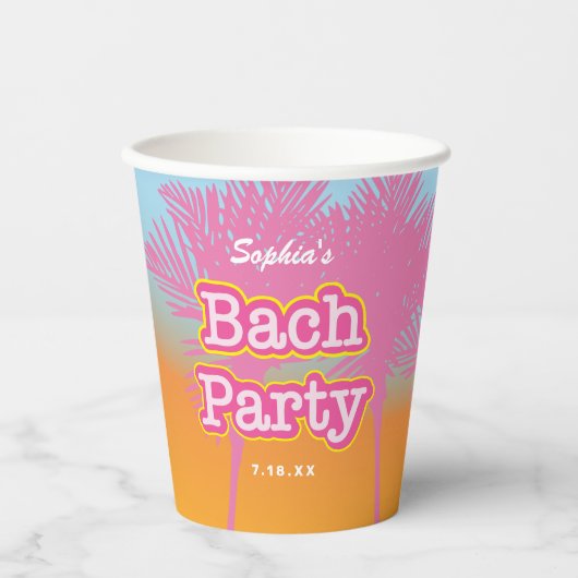 Pink Palm Trees Bach Party Papier Becher (Vorderseite)