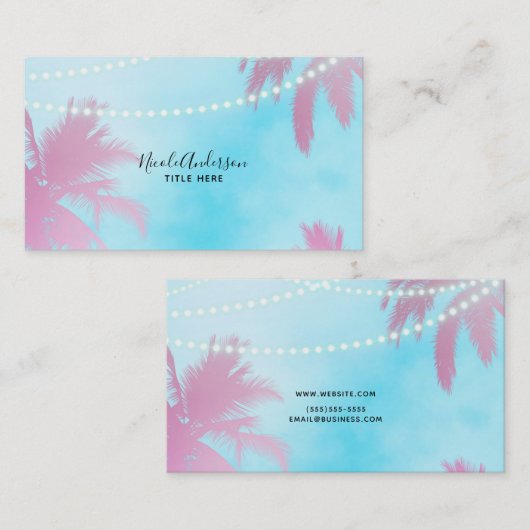 Pink Palm Trees & Blue Sky Lights Beachy Glam Visitenkarte (Vorne/Hinten)