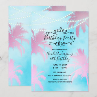 Pink Palm Trees Blue Sky & Lights Geburtstagsparty Einladung