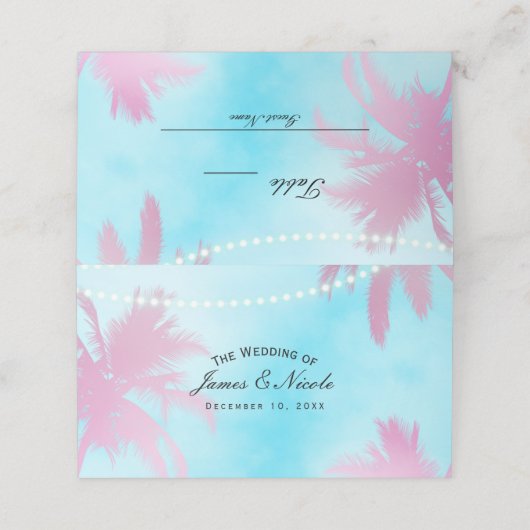 Pink Palm Trees Blue Sky & Lights Table Place Platzkarte (Außenseite Aufgefaltet)