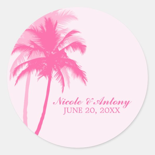 Pink Palm Trees Wedding Runder Aufkleber (Vorderseite)