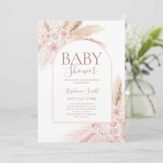 Pink Pampas Arch Baby Dusche Mädchen Einladung (Stehend Vorderseite)