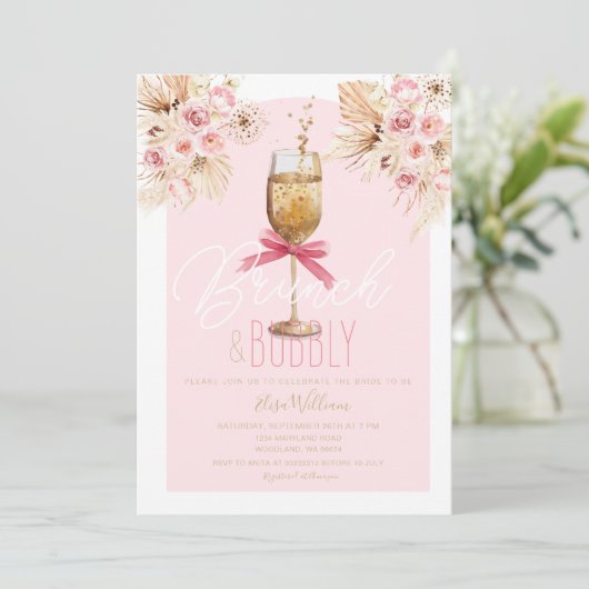 Pink Pampas Brunch & Bubbly Brautparty Einladung (Stehend Vorderseite)