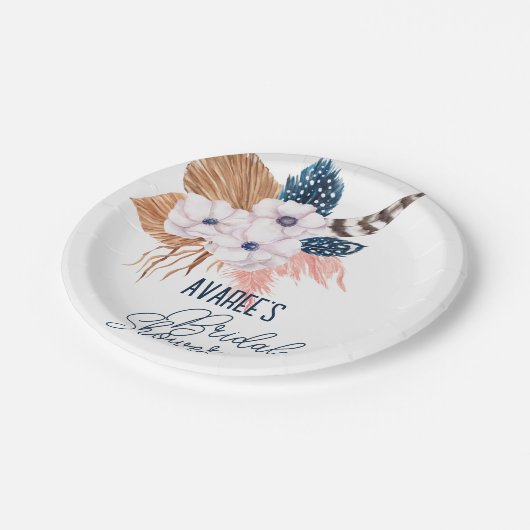 Pink Pampas Grass and Feather Brautparty Pappteller (Schrägansicht)