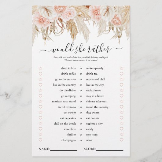 Pink Pampas Grass Brautparty Game (Vorderseite)