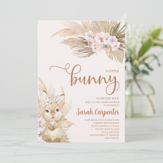 Pink Pampas Grass Girl Bunny Baby Dusche Einladung (Stehend Vorderseite)
