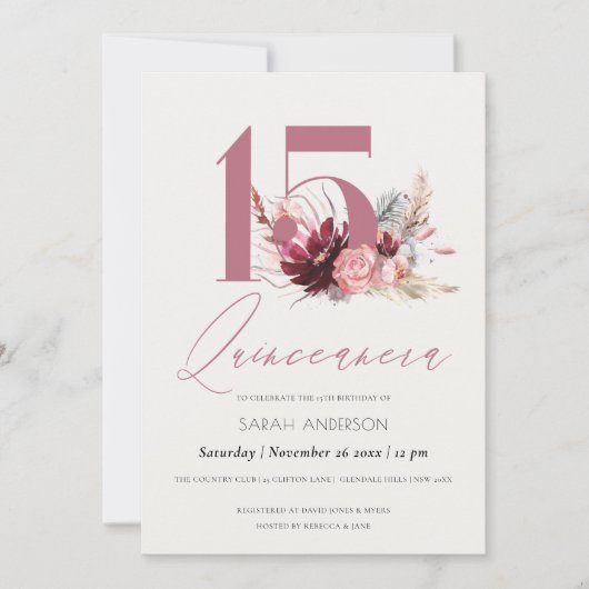 Pink Pampas Grass Quinceanera 15. Geburtstag Einla Dankeskarte (Vorderseite)