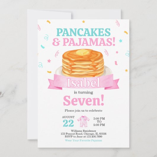 Pink Pancakes und Pajamas Geburtstag Einladung (Vorderseite)