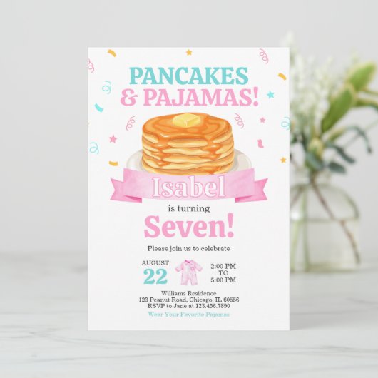 Pink Pancakes und Pajamas Geburtstag Einladung (Stehend Vorderseite)
