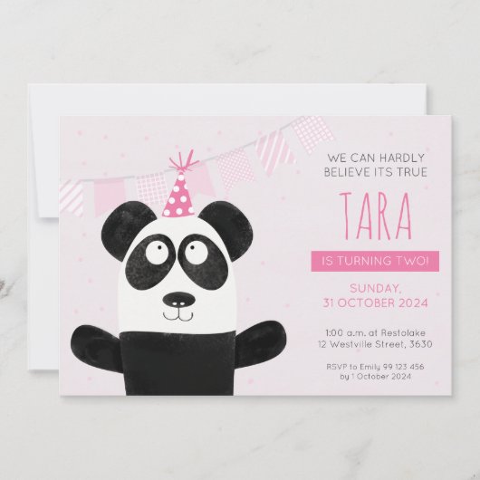 Pink Panda Einladung zum Geburtstag (Vorderseite)