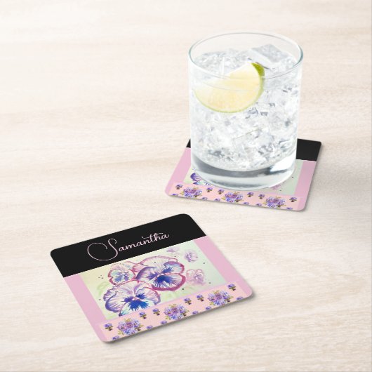 Pink Pansy Stiefmütterchen Wasserfarben Blume Flor Rechteckiger Pappuntersetzer (Vor Ort)