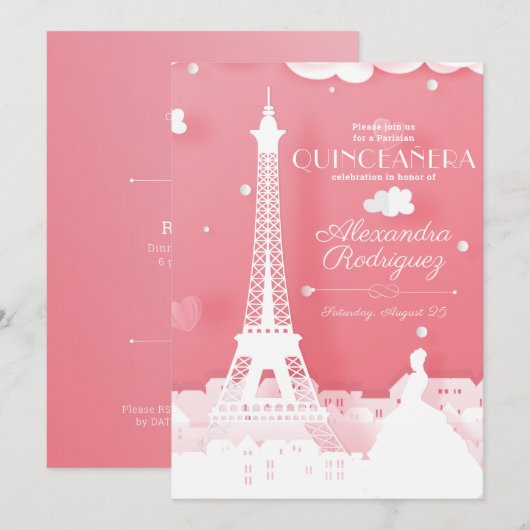 Pink Paper Paris Quinceañera Einladung (Vorne/Hinten)