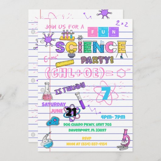 Pink Paper Science Einladung (Vorne/Hinten)