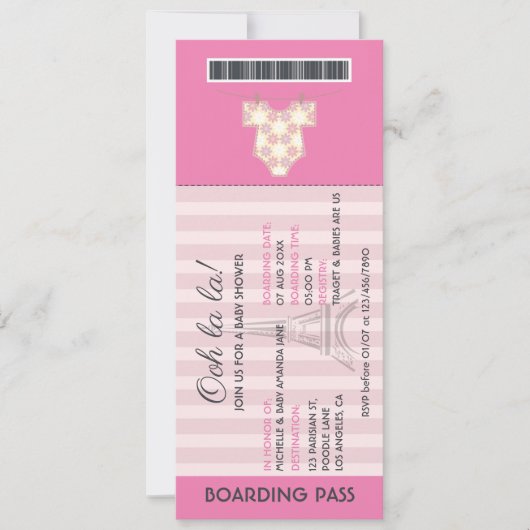 Pink Paris Boarding Pass Baby Dusche Einladung (Vorderseite)
