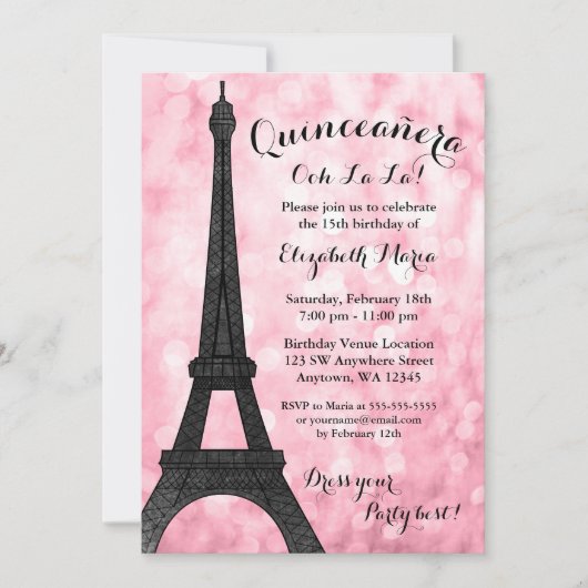 Pink Paris Bokeh Glitzer Lights Quinceañera Einladung (Vorderseite)