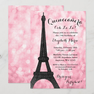 Pink Paris Bokeh Glitzer Lights Quinceañera Einladung