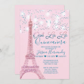 Pink Paris Eiffel Tower Glitzer Lights Quinceañera Einladung (Vorne/Hinten)