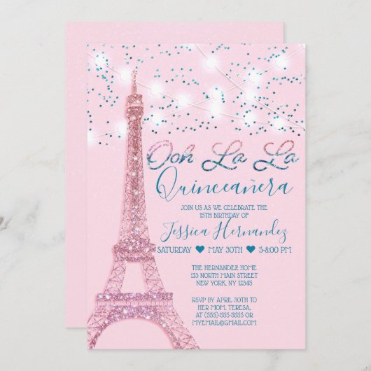 Pink Paris Eiffel Tower Glitzer Lights Quinceañera Einladung (Vorne/Hinten)