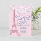 Pink Paris Eiffel Tower Glitzer Lights Sweet 16 Einladung (Stehend Vorderseite)