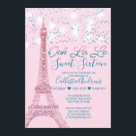 Pink Paris Eiffel Tower Glitzer Lights Sweet 16 Einladung<br><div class="desc">Diese hübsche und schicke 16 . Geburtstag Geburtstagsfeier lädt zu einem stilvollen und trendigen Event ein. Es verfügt über ein Imitat gedruckt Rose rosa funkelnd Glitzer Paris Eiffel Tower mit leuchtenden weißen Hängeleuchten und aquamarin grün funkelnd Glitzer Konfetti auf einem abstrakten rot rosa Hintergrund. Es enthält auch das beliebte Zitat...</div>