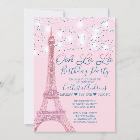 Pink Paris Eiffelturm Glitzer Geburtstag Einladung (Vorderseite)