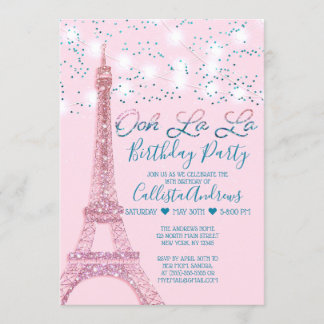 Pink Paris Eiffelturm Glitzer Geburtstag Einladung