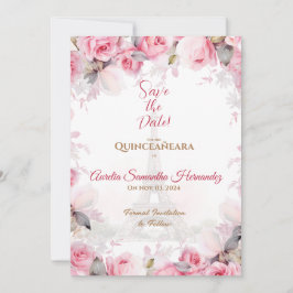 Pink Paris Floral Rose Quinceañera Save the Date Einladung