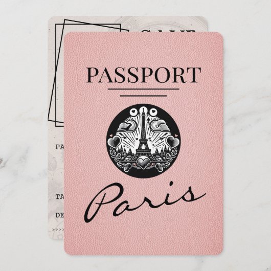 Pink Paris Passport Save the Date (Vorne/Hinten)
