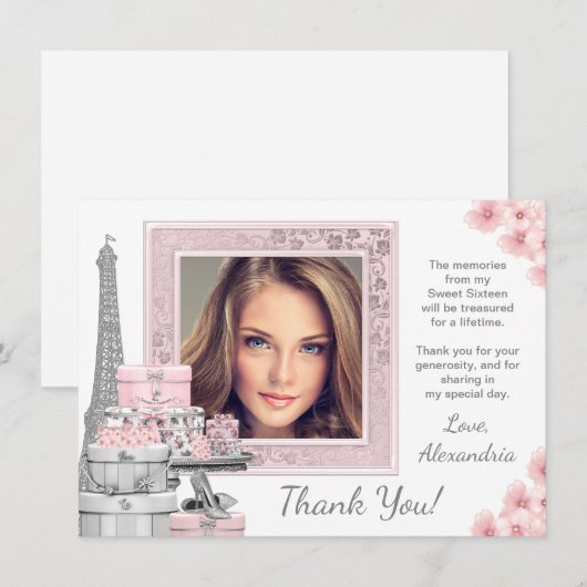Pink Paris Sweet 16 Danke Karten (Vorne/Hinten)