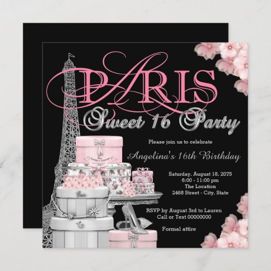 Pink Paris Sweet 16 Party Einladung (Vorne/Hinten)