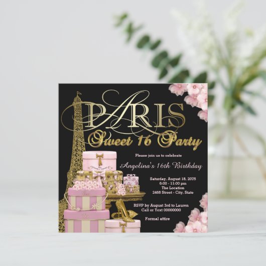 Pink Paris Sweet 16 Party Einladung (Stehend Vorderseite)