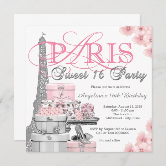 Pink Paris Sweet 16 Party Einladung (Vorne/Hinten)