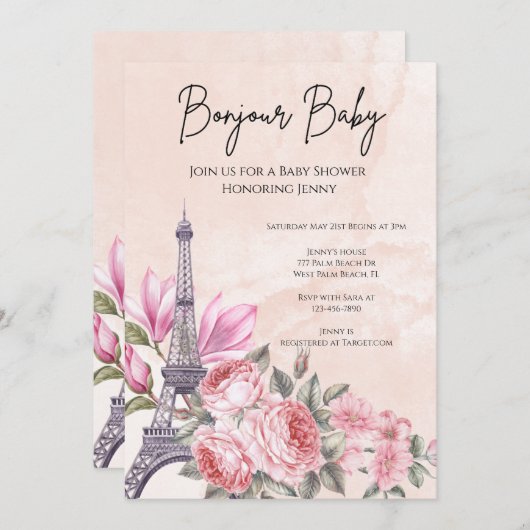 Pink Pariser Eiffelturm Babydusche Einladung (Vorne/Hinten)