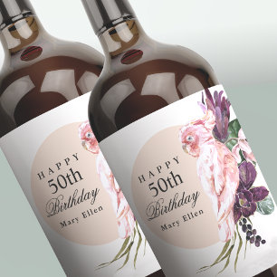 Pink Parrot Boho Tropical 50. Geburtstagsparty Weinetikett