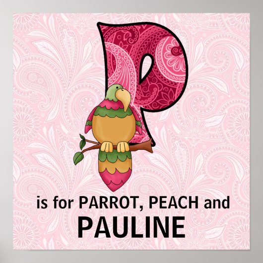 Pink Parrot Monogram Big Letter P Baby Room Poster (Vorne)