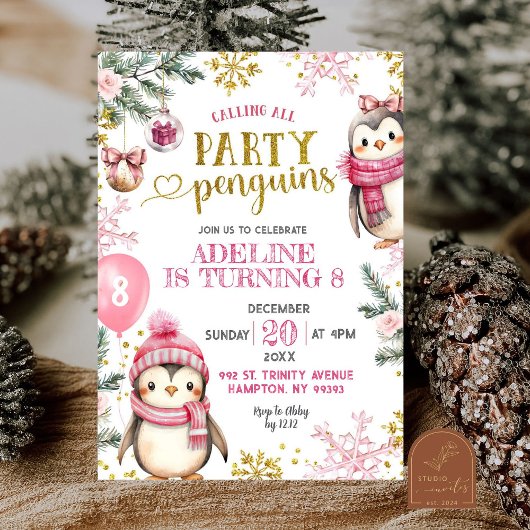 Pink Party Pinguine Winter Einladung zum Geburtsta