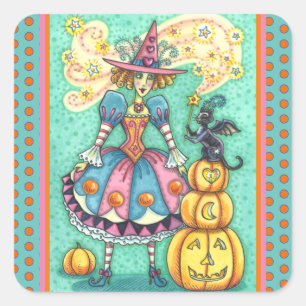 PINK PARTY WITCH IST HALLOWEEN MAGIC, SCHWARZE CAT QUADRATISCHER AUFKLEBER