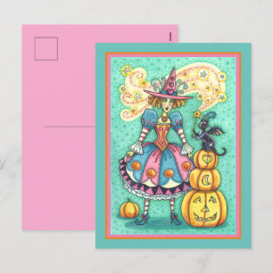 PINK PARTY WITCH IST HALLOWEEN MAGIC, SCHWARZE KAT FEIERTAGSPOSTKARTE