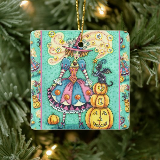 PINK PARTY WITCH IST HALLOWEEN MAGIC, SCHWARZE KAT KERAMIKORNAMENT (Baum)