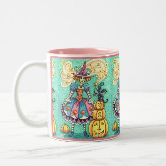 PINK PARTY WITCH IST HALLOWEEN MAGIC, SCHWARZE KAT ZWEIFARBIGE TASSE (Links)