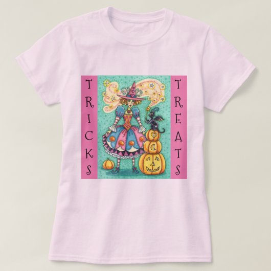 PINK PARTY WITCH, MAGIC BLACK CAT TRICK ODER BEHAN T-Shirt (Design vorne)