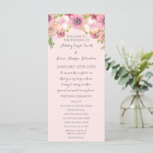 Pink Pastel Blush Floral Wedding Programm (Stehend Vorderseite)